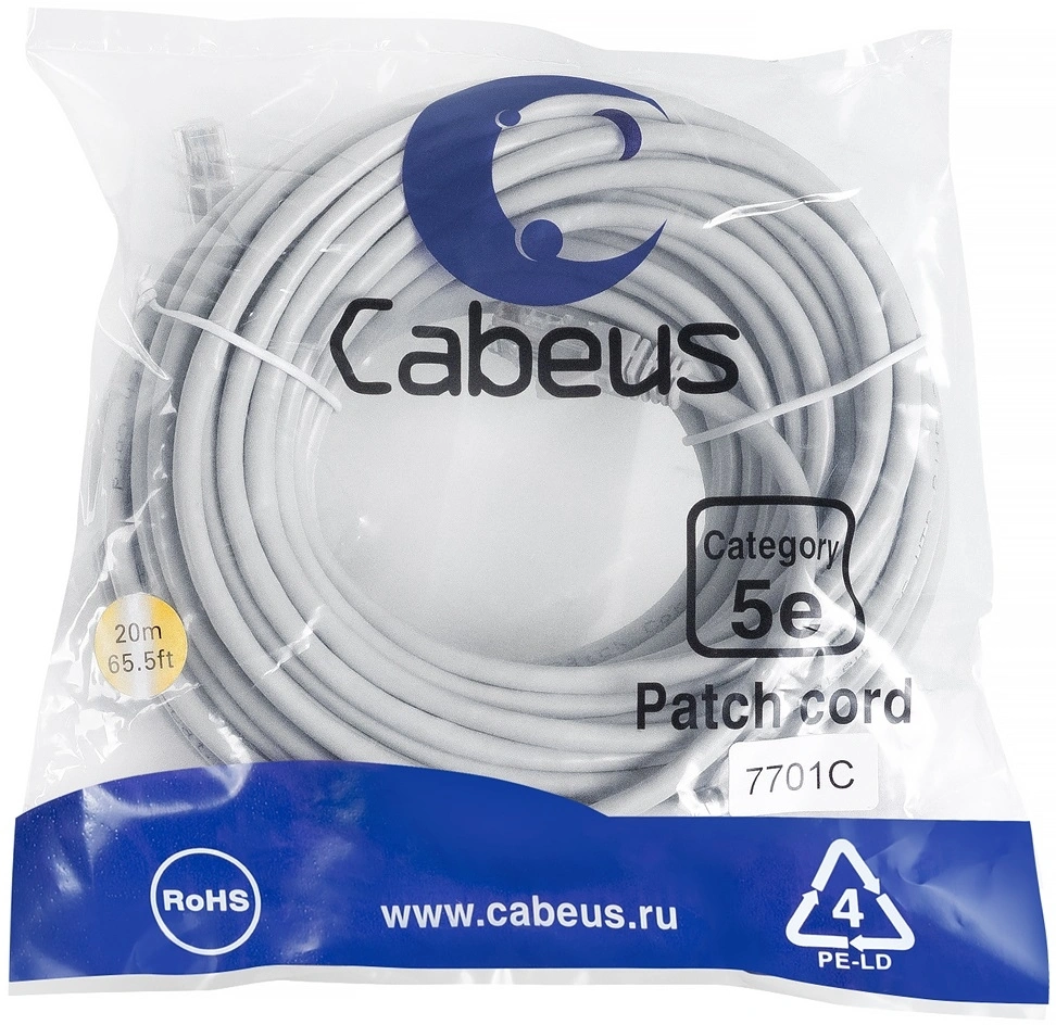 Патч-корд Cabeus PC-UTP-RJ45-CAT.5E-20M U/UTP RJ-45 вил.-вилка RJ-45 кат.5E 20м серый ПВХ