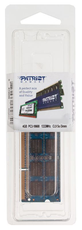 Память DDR3 4GB 1333MHz Patriot PSD34G13332S RTL PC3-10600 CL9 SO-DIMM 204-pin 1.5В dual rank Ret
