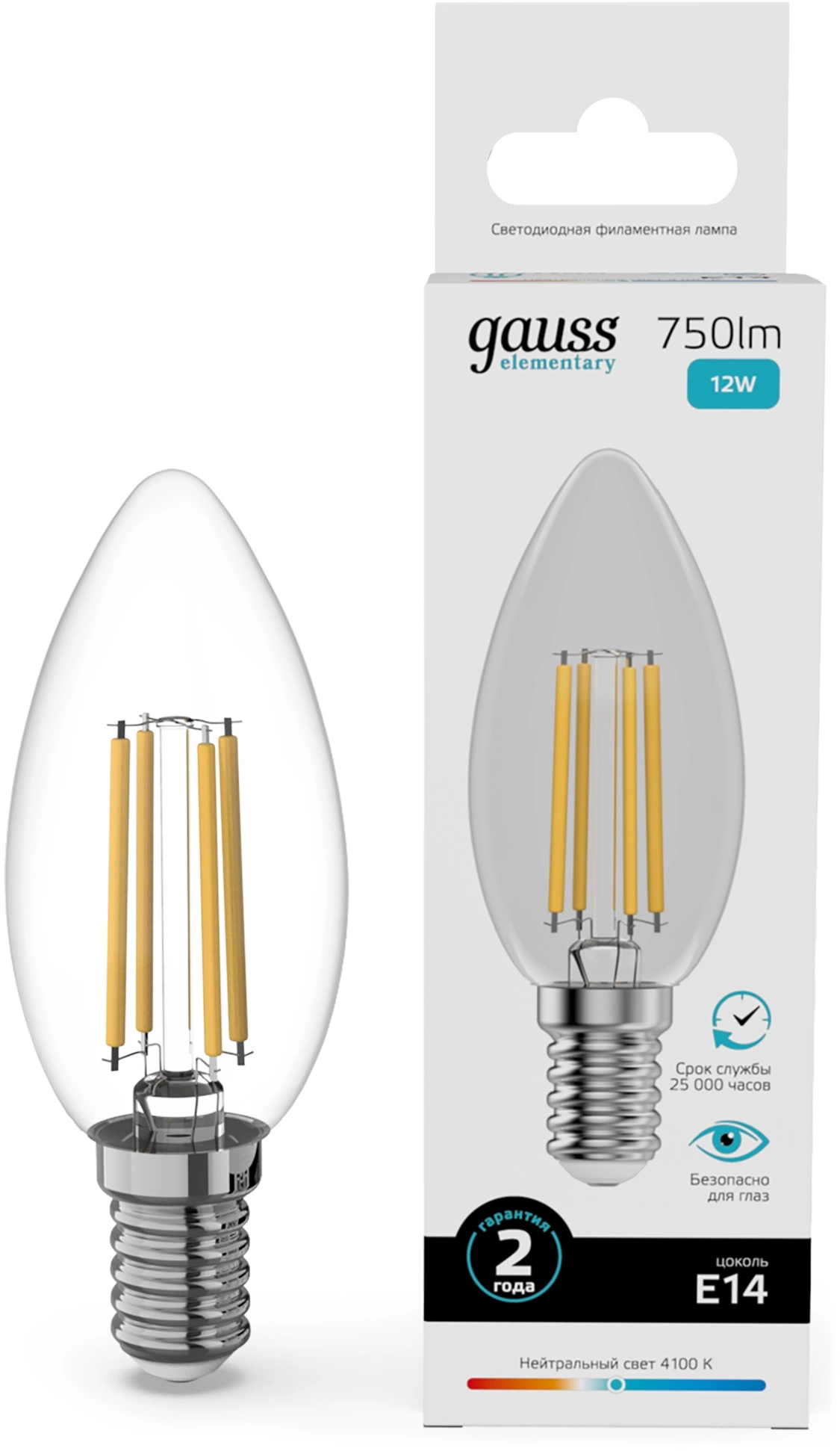 Лампа филам. Gauss Filament 12Вт цок.:E14 свеча св.свеч.бел.нейт. (упак.:10шт) (32122)