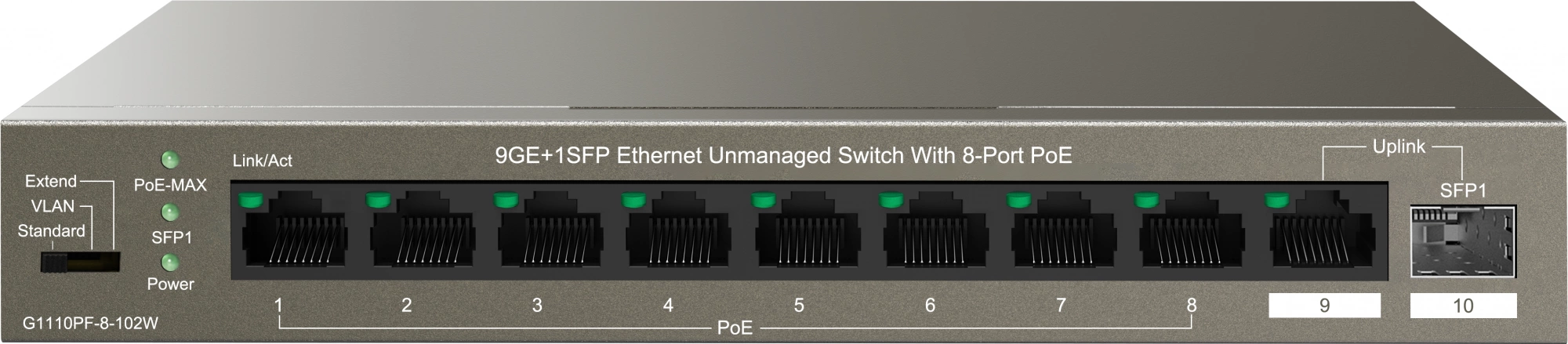 Коммутатор IP-Com G1110PF-8-102W (L2) 9x1Гбит/с 1xКомбо(1000BASE-T/SFP) 1SFP 8PoE 92W неуправляемый