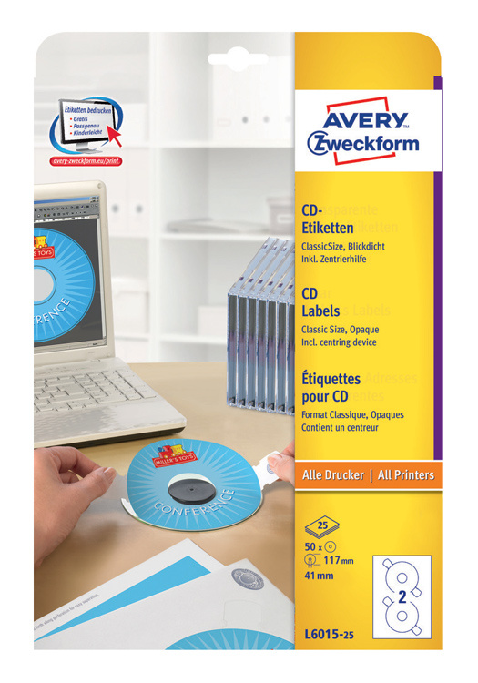 Этикетки Avery Zweckform CD/DVD L6015-25 A4/196г/м2/50л./белый самоклей. для лазерной печати