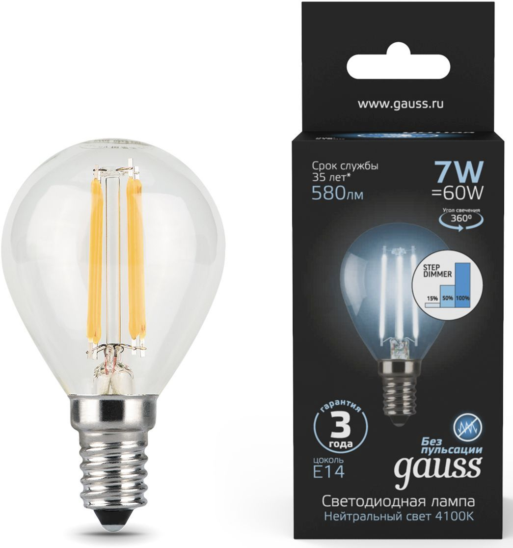 Лампа светодиодная Gauss Filament 7Вт цок.:E14 шар 220B св.свеч.бел.нейт. (упак.:1шт) (105801207-S)