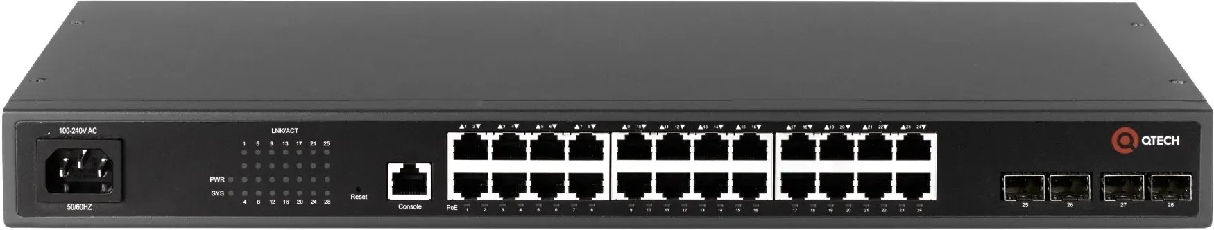 Коммутатор QTech QSW-4610-28T-POE-AC (L2+) 24x1Гбит/с 4xКомбо(1000BASE-T/SFP) 370W управляемый