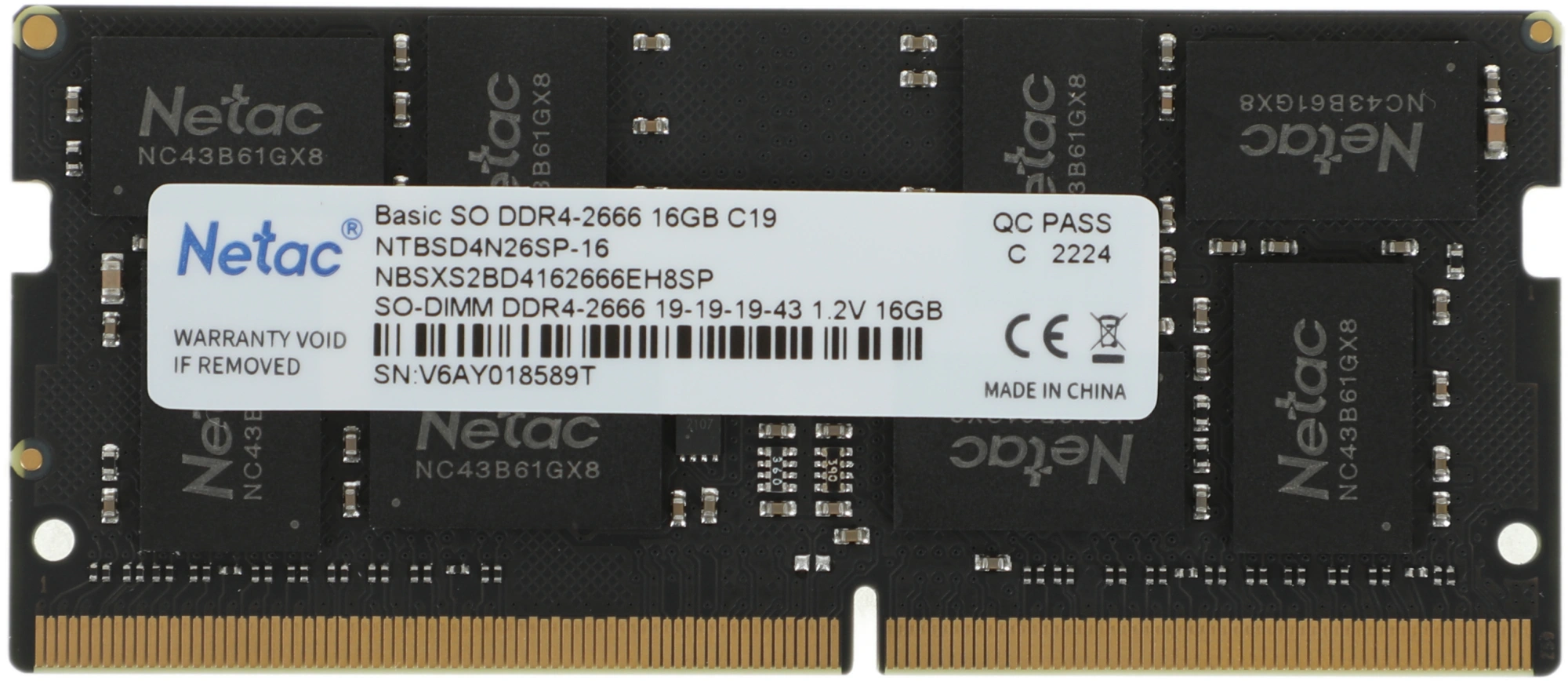 Память DDR4 16GB 2666MHz Netac NTBSD4N26SP-16 Basic RTL PC4-21300 CL19 SO-DIMM 260-pin 1.2В single rank Ret