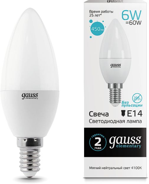 Лампа светодиодная Gauss Elementary 6Вт цок.:E14 свеча 220B св.свеч.бел.нейт. С35 (упак.:1шт) (33126)