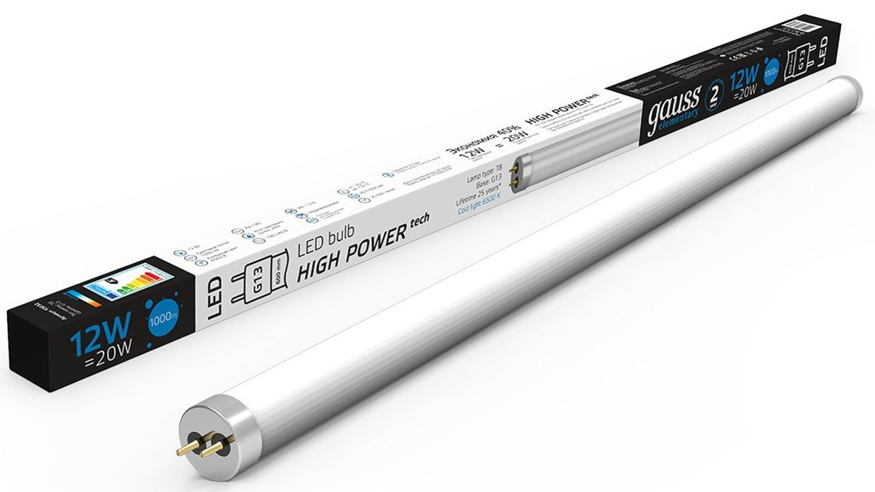 Лампа светодиодная Gauss Elementary 93032 12Вт цок.:G13 трубка 180B св.свеч.бел.хол. (упак.:1шт)