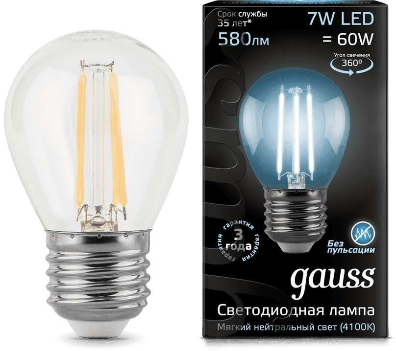Лампа светодиодная Gauss Filament 7Вт цок.:E27 шар 220B 4100K св.свеч.бел.нейт. P45 (упак.:1шт) (105802207)