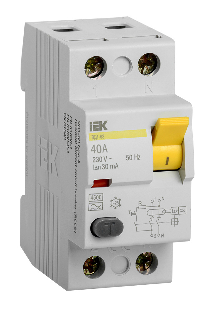 Выключатель дифф.тока УЗО IEK MDV10-2-040-030 ВД1-63 40A 30мА AC 2П 230В 2мод белый (упак.:1шт)