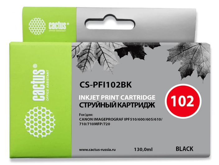 Картридж струйный Cactus CS-PFI102BK PFI-102 BK черный (130мл) для Canon iPF500/iPF600/iPF700/ MFP M40/iPF765/LP17/LP24 с чипом