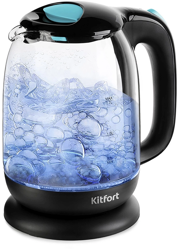 Чайник электрический Kitfort КТ-625-1 1.7л. 2200Вт черный/голубой корпус: стекло/пластик