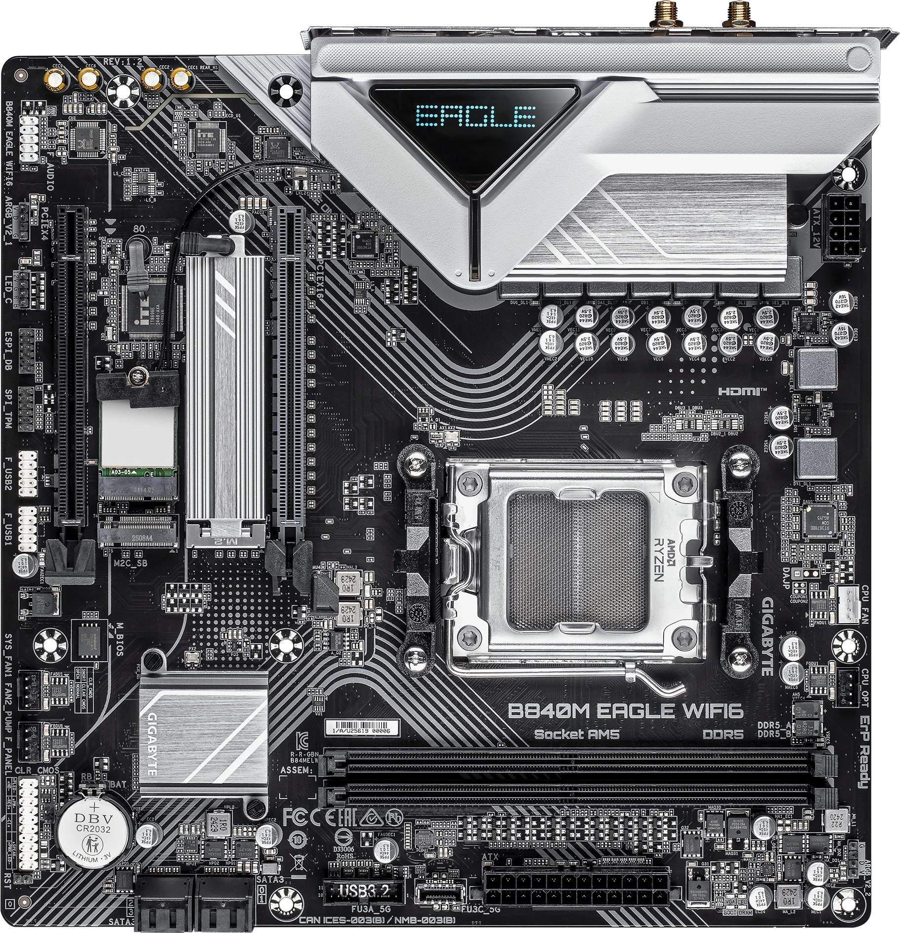 Материнская плата Gigabyte B840M EAGLE WIFI6 Socket AM5 AMD B840 2xDDR5 mATX AC`97 8ch(7.1) 2.5Gg RAID+HDMI+DP