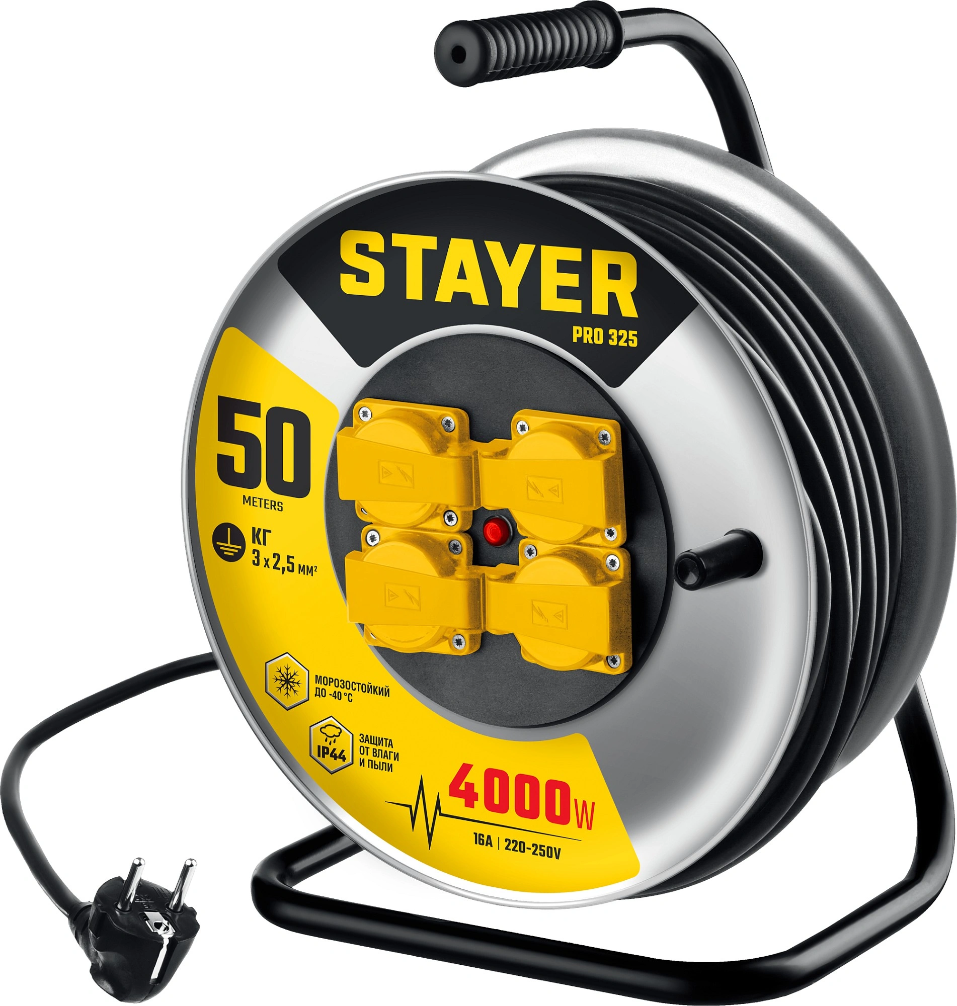 Удлинитель силовой Stayer 55076-50_z01 3x2.5кв.мм 4розет. 50м КГ катушка черный