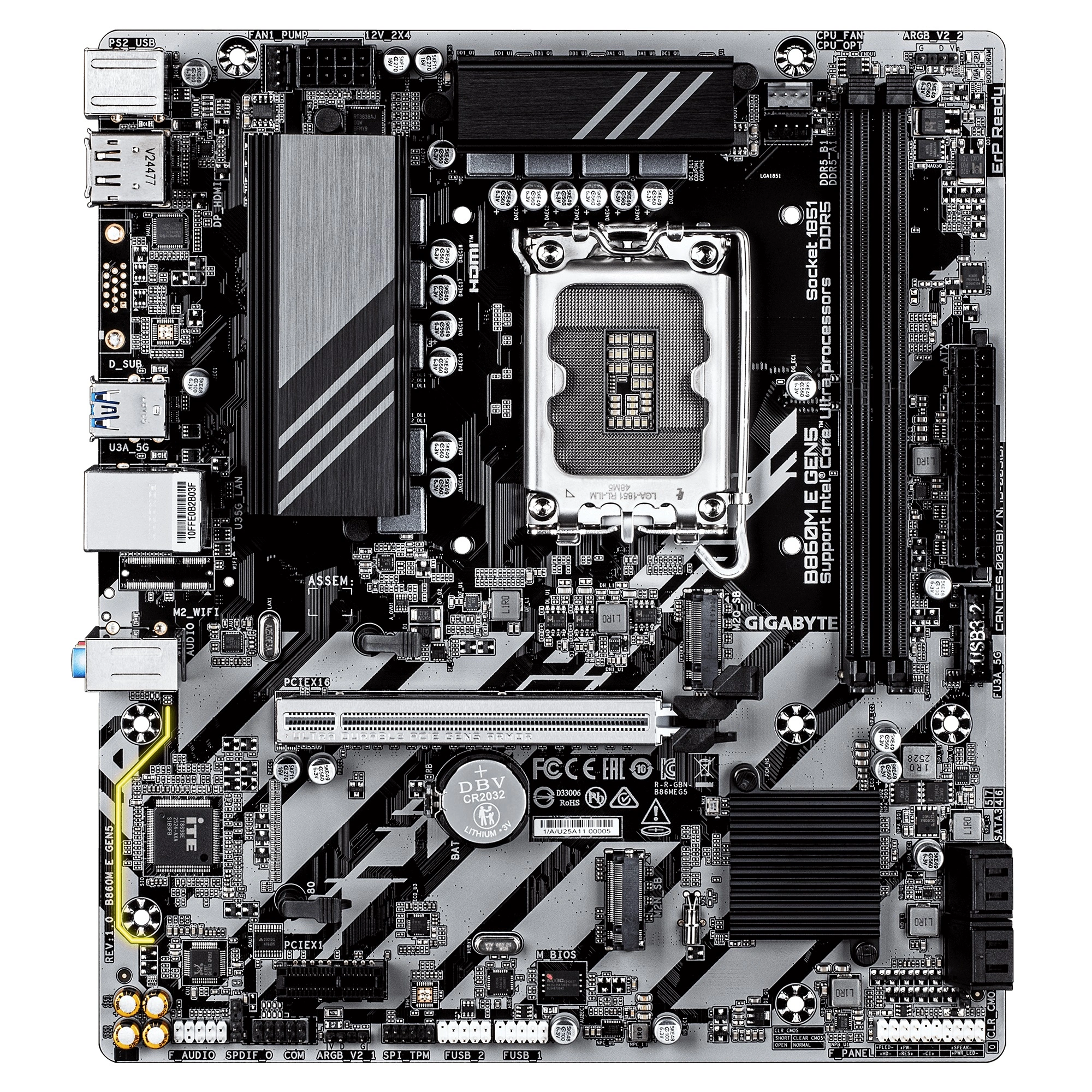 Материнская плата Gigabyte B860M E GEN5 Soc-1851 Intel B860 2xDDR5 mATX AC`97 8ch(7.1) GbLAN RAID+HDMI+DP