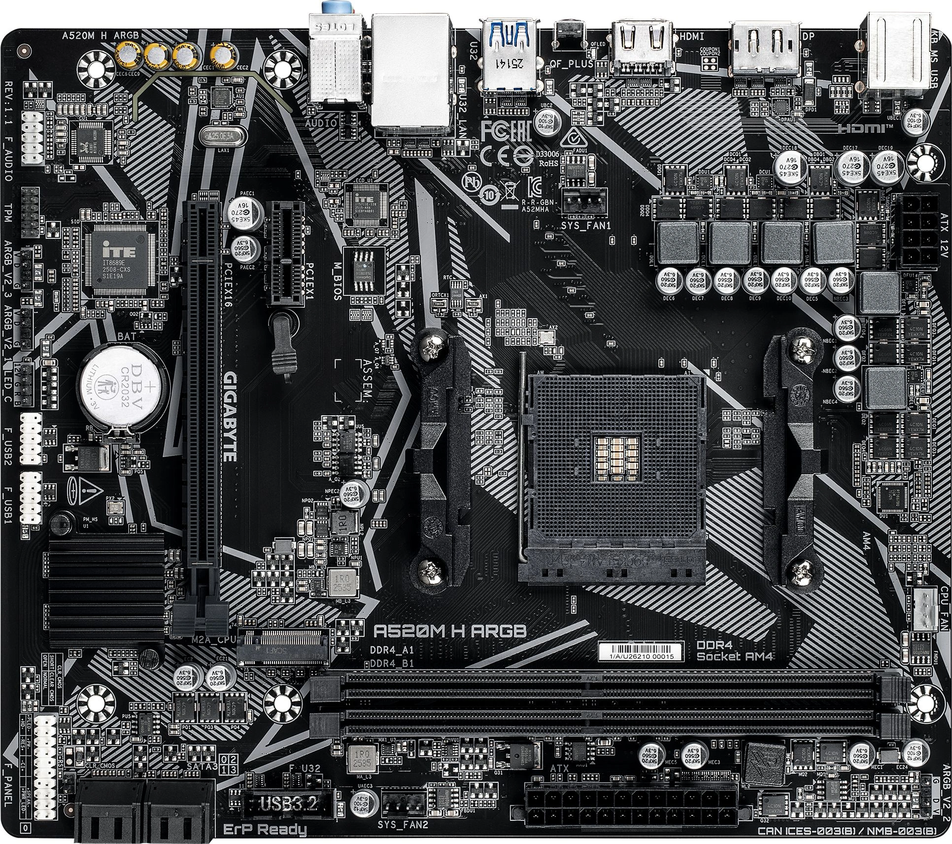 Материнская плата Gigabyte A520M H ARGB Soc-AM4 AMD A520 2xDDR4 mATX AC`97 8ch(7.1) GbLAN RAID+HDMI+DP