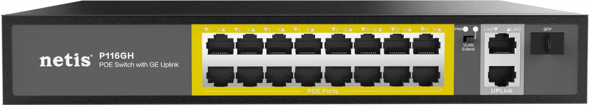 Коммутатор Netis P116GH (L2) 16x100Мбит/с 2x1Гбит/с 1SFP 16PoE 16PoE+ 240W неуправляемый