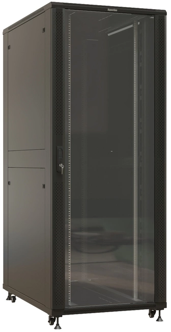 Шкаф коммутационный Hyperline (TTBR-4288-AS-RAL9004) напольный 42U 800x800мм пер.дв.стекл задн.дв.спл.стал.лист 2 бок.пан. 1000кг черный 710мм 2055мм IP20 сталь