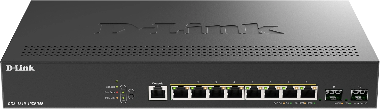 Коммутатор D-Link DGS-1210-10XP/ME/C1A (L2) 8x1Гбит/с 2SFP+ 8PoE+ 240W управляемый