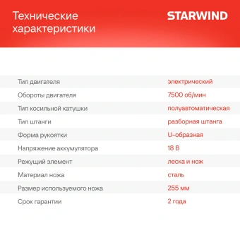 Триммер электрический Starwind SBG-300.20-4.4 аккум. разбор.штан. реж.эл.:леска/нож - купить недорого с доставкой в интернет-магазине