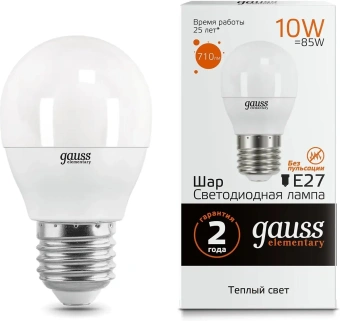 Лампа светодиодная Gauss Elementary 10Вт цок.:E27 шар 220B 3000K св.свеч.бел.теп. (упак.:1шт) (53210) - купить недорого с доставкой в интернет-магазине