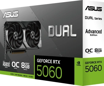 Видеокарта Asus PCI-E 5.0 DUAL-RTX5060-O8G-A NVIDIA GeForce RTX 5060 8Gb 128bit GDDR7 2535/28000 HDMIx1 DPx3 HDCP Ret - купить недорого с доставкой в интернет-магазине