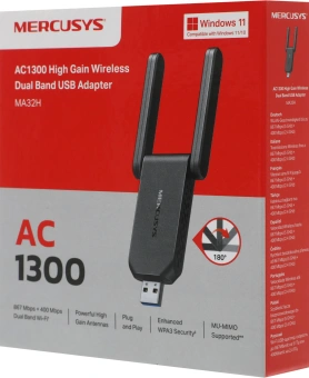 Сетевой адаптер Wi-Fi Mercusys MA32H AC1300 USB 3.0 (ант.внеш.несъем.) 2ант. - купить недорого с доставкой в интернет-магазине