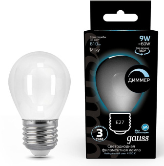 Лампа светодиодная Gauss Filament 105202209-D 9Вт цок.:E27 шар 220B св.свеч.бел.нейт. (упак.:10шт) - купить недорого с доставкой в интернет-магазине