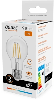 Лампа филам. Gauss Filament 11Вт цок.:E27 груша 220B св.свеч.бел.теп. (упак.:10шт) (22211) - купить недорого с доставкой в интернет-магазине