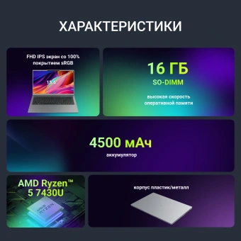 Ноутбук Digma Ascend Ryzen 5 7430U 16Gb SSD512Gb AMD Radeon Graphics 15.6" IPS FHD (1920x1080) Windows 11 Home grey WiFi BT Cam 4500mAh (DN15R5-ADXW12) - купить недорого с доставкой в интернет-магазине