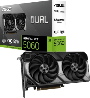 Видеокарта Asus PCI-E 5.0 DUAL-RTX5060-O8G-A NVIDIA GeForce RTX 5060 8Gb 128bit GDDR7 2535/28000 HDMIx1 DPx3 HDCP Ret - купить недорого с доставкой в интернет-магазине