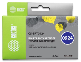 Картридж струйный Cactus CS-EPT0924 T0924 желтый (6.6мл) для Epson Stylus C91/CX4300/T26/T27/TX106/TX109/TX117/TX119 - купить недорого с доставкой в интернет-магазине