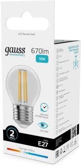 Лампа филам. Gauss Filament 10Вт цок.:E27 шар 220B св.свеч.бел.нейт. (упак.:10шт) (52220) - купить недорого с доставкой в интернет-магазине