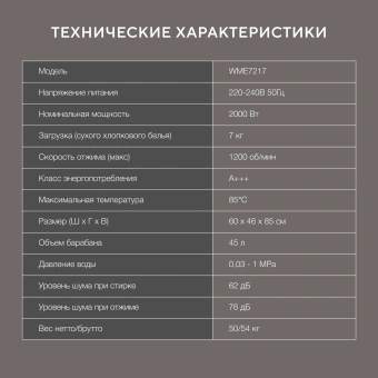 Стиральная машина Hyundai WME7217 класс: A+++ загр.фронтальная макс.:7кг серый инвертор - купить недорого с доставкой в интернет-магазине