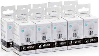 Лампа светодиодная Gauss Elementary 10Вт цок.:E27 шар 220B св.свеч.бел.нейт. (упак.:10шт) (53220) - купить недорого с доставкой в интернет-магазине