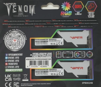 Память DDR5 2x16GB 6400MHz Patriot PVVR532G640C32K Viper Venom RGB RTL Gaming PC5-51200 CL32 DIMM UDIMM 288-pin 1.4В kit с радиатором Ret - купить недорого с доставкой в интернет-магазине