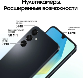 Смартфон Samsung SM-A165F Galaxy A16 128Gb 4Gb черный моноблок 3G 4G 2Sim 6.7" 1080x2340 Android 14 50Mpix 802.11 a/b/g/n/ac NFC GPS GSM900/1800 GSM1900 microSD max1024Gb - купить недорого с доставкой в интернет-магазине