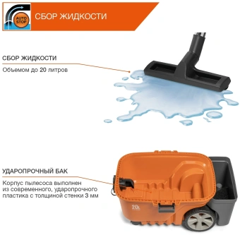 Строительный пылесос Daewoo DAVC 2014S 1400Вт (уборка: сухая/сбор воды/выдув) оранжевый - купить недорого с доставкой в интернет-магазине