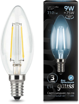 Лампа филам. Gauss Filament 9Вт цок.:E14 свеча 220B 4100K св.свеч.бел.нейт. С35 (упак.:1шт) (103801209) - купить недорого с доставкой в интернет-магазине