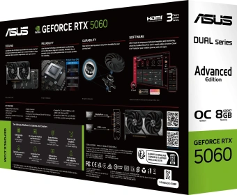 Видеокарта Asus PCI-E 5.0 DUAL-RTX5060-O8G-A NVIDIA GeForce RTX 5060 8Gb 128bit GDDR7 2535/28000 HDMIx1 DPx3 HDCP Ret - купить недорого с доставкой в интернет-магазине