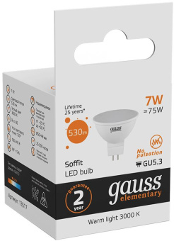 Лампа светодиодная Gauss 7Вт цок.:GU5.3 рефлек. 220B св.свеч.бел.теп. MR16 (упак.:1шт) (13517) - купить недорого с доставкой в интернет-магазине