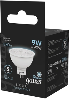 Лампа светодиодная Gauss 101505209 9Вт цок.:GU5.3 рефлек. 220B св.свеч.бел.нейт. MR16 (упак.:10шт) - купить недорого с доставкой в интернет-магазине