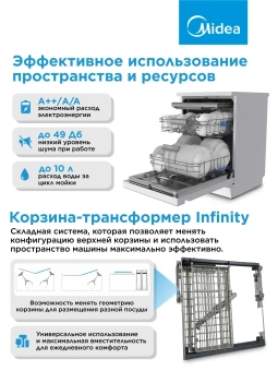 Посудомоечная машина Midea MFD60S150Wi белый (полноразмерная) - купить недорого с доставкой в интернет-магазине