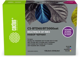 Чернила Cactus CS-BTD60/BT5000SET (3х48 мл и 1х108 мл) голубой/пурпурный/желтый/черный набор 4x252мл для Brother HL-T4000DW, DCP-T510W, DCP-T710W, MFC-T810W, MFC-T910DW, MFC-T4500DW, DCP-T420W, DCP-T520W, DCP-T720DW, DCP-T820DW, MFC-T920DW - купить недорого с доставкой в интернет-магазине