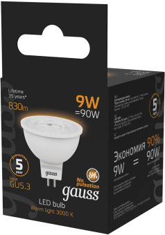 Лампа светодиодная Gauss 101505109 9Вт цок.:GU5.3 рефлек. 150B 3000K св.свеч.бел.теп. MR16 (упак.:1шт) - купить недорого с доставкой в интернет-магазине