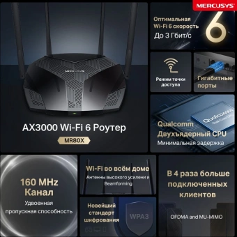 Роутер беспроводной Mercusys MR80X AX3000 10/100/1000BASE-TX черный - купить недорого с доставкой в интернет-магазине