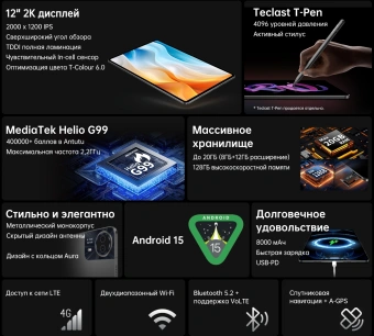Планшет Teclast T60 Pro Premium set G99 (2.2) 8C RAM8Gb ROM128Gb 12" IPS 2000x1200 4G Android 15 серый 13Mpix 8Mpix BT WiFi microSD 1Tb 8000mAh 13.5hr - купить недорого с доставкой в интернет-магазине