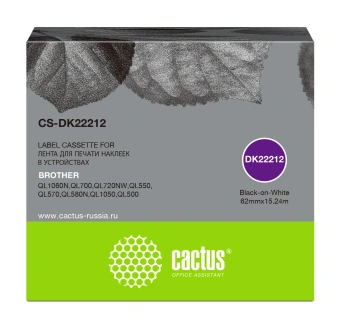 Картридж ленточный Cactus CS-DK22212 DK-22212 черный на белом 62x15.24 для Brother P-touch QL-500, QL-550, QL-700, QL-800 - купить недорого с доставкой в интернет-магазине