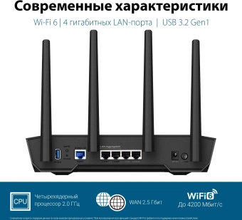 Роутер беспроводной Asus TUF-AX4200 AX4200 10/100/1000/2500BASE-TX/4G ready черный - купить недорого с доставкой в интернет-магазине