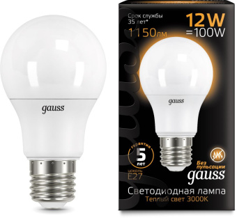 Лампа светодиодная Gauss A60 12Вт цок.:E27 груша 220B 3000K св.свеч.бел.теп. A60 (упак.:1шт) (102502112) - купить недорого с доставкой в интернет-магазине