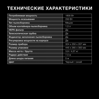 Пылесос Hyundai HYV-B1550 1800Вт синий/черный (в компл.:1мешок) - купить недорого с доставкой в интернет-магазине