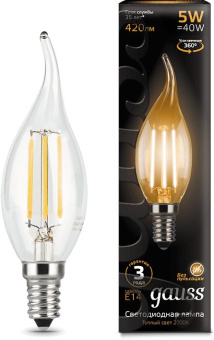 Лампа филам. Gauss Filament 5Вт цок.:E14 свеча 220B 2700K св.свеч.бел.теп. (упак.:10шт) (104801105) - купить недорого с доставкой в интернет-магазине